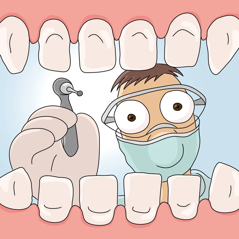 cartoon dentist looking into patient's mouth